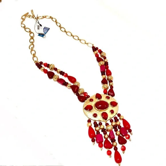 CHICO’s 35th Anniversary Merlot Red & Gold Statement Necklace | NWT | MSRP $119 - Picture 7 of 10